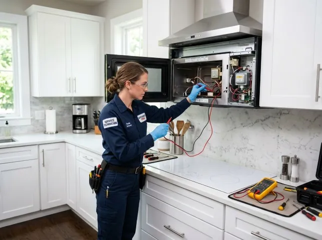 Appliance Repair Hero technician testing an over-the-range microwave in a Brackenridge, PA kitchen