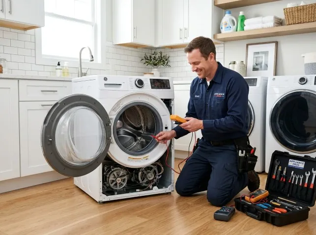 Appliance Repair Hero technician testing a front-load washer with a multimeter on a Brackenridge, PA service call
